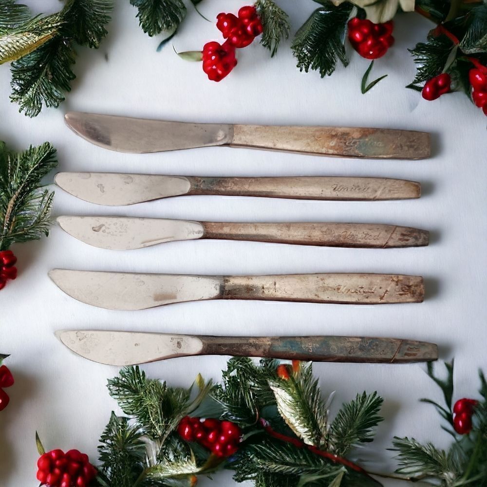Vintage United Airlines Knives Knife‎ Lot x 5 Silver Plate Flatware Silverware.